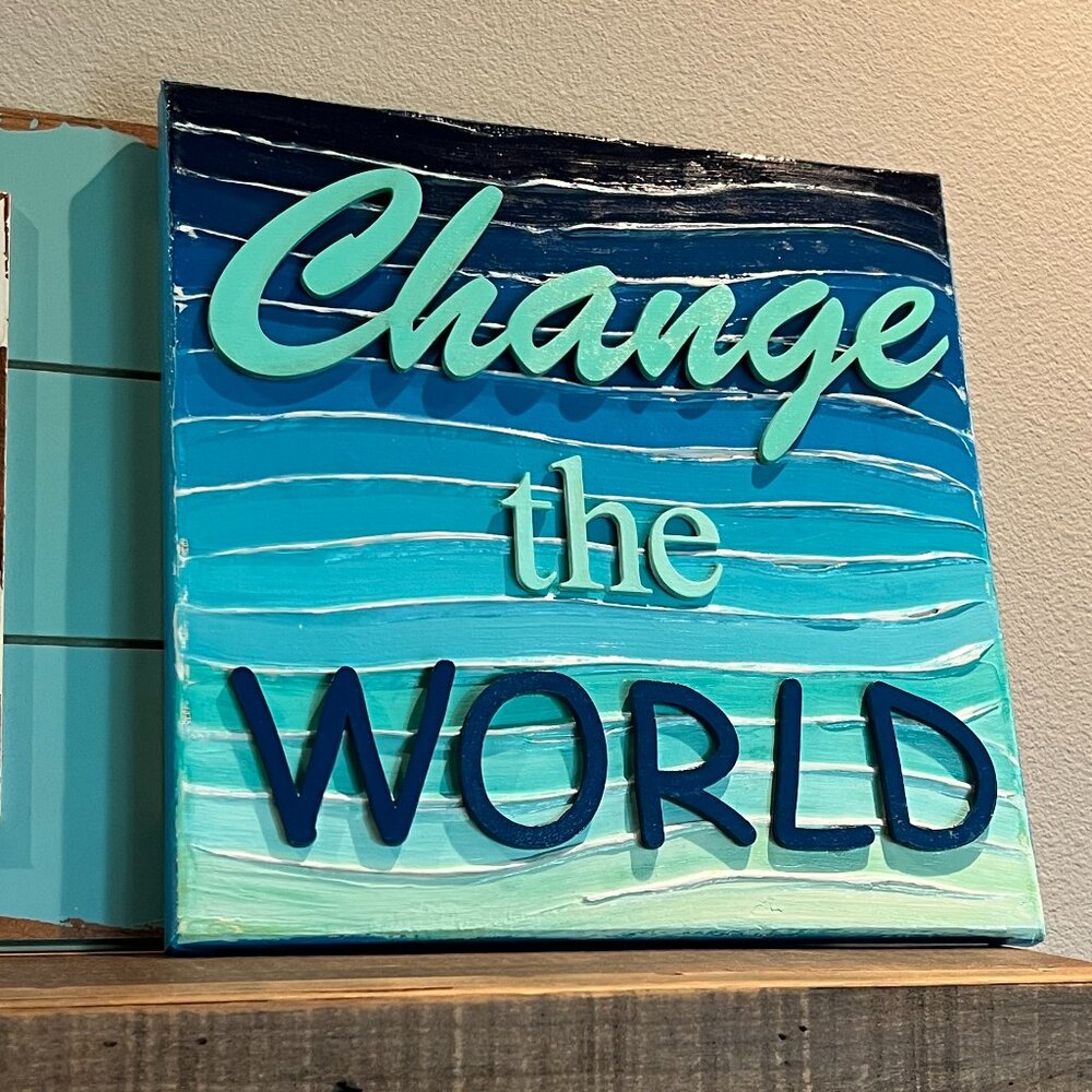 12x12 Textured Art Canvas, Beachy Chic, Blue and Green Waves Mixed Media